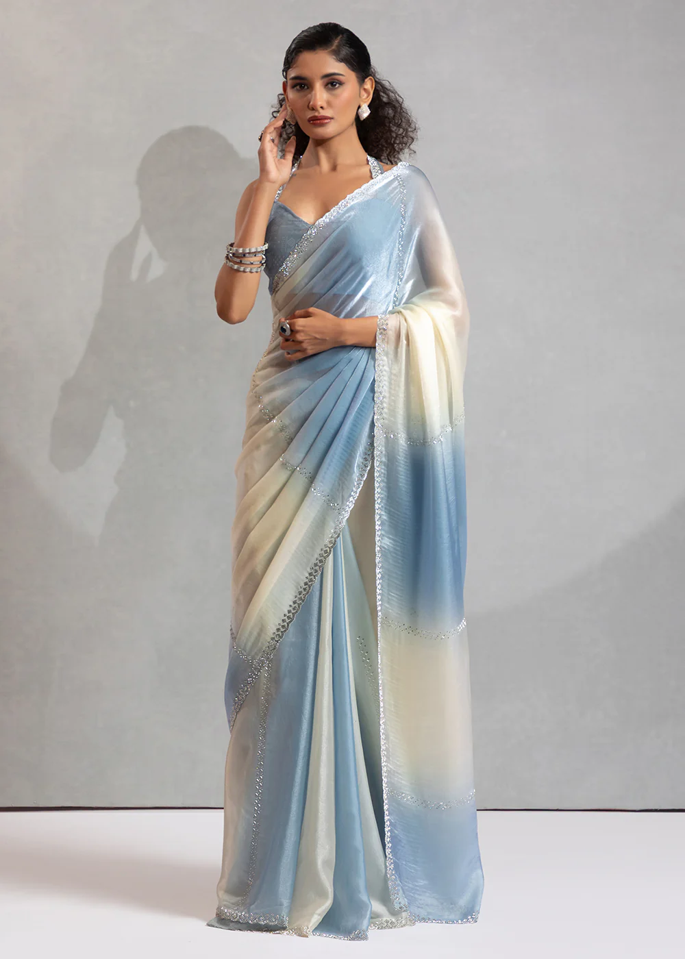 Blue & Off White Satin Silk Designer Saree