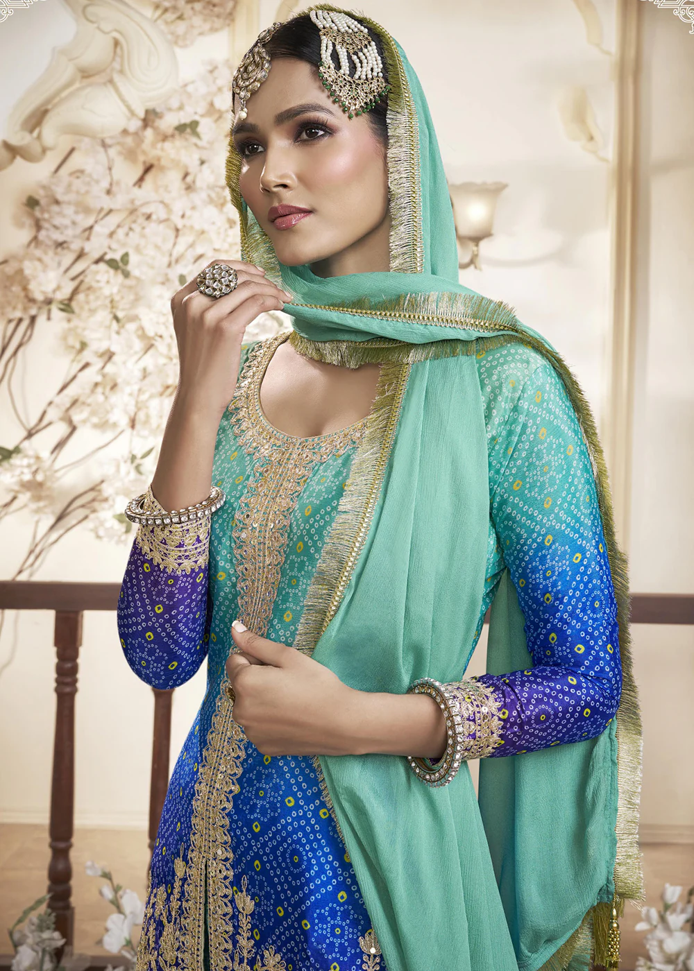 Blue Ombre Pure Chinnon Wedding Festive Palazzo Suit - Image 2