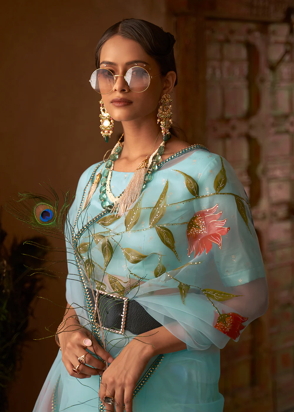 Blue Organza Net Printed Embroidered Classic Indian Saree - Image 2