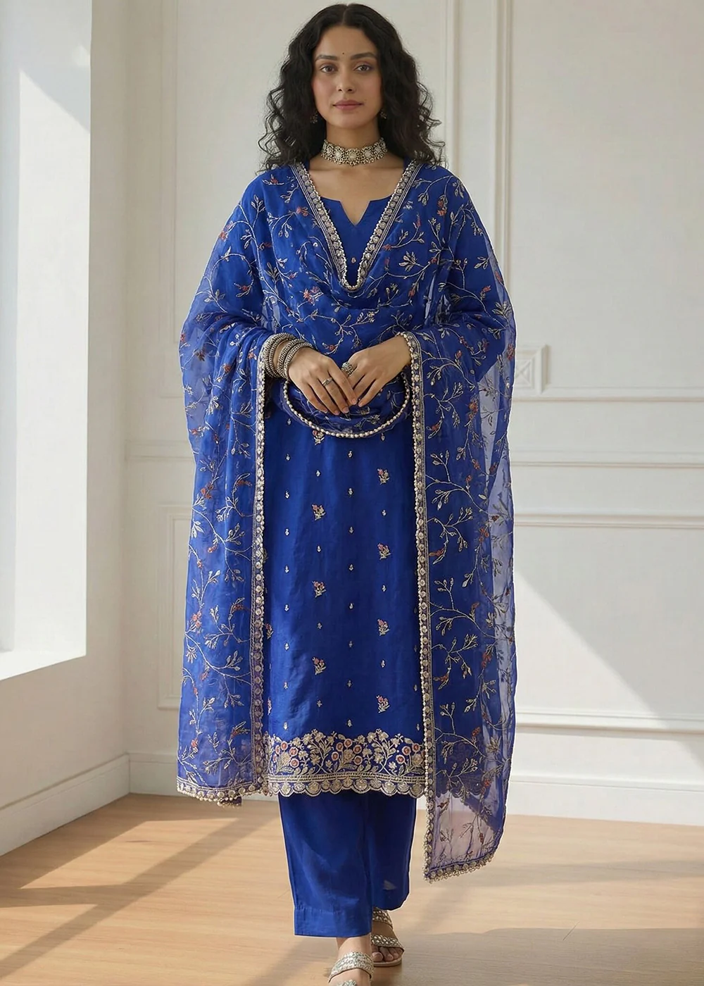 Blue Pakistani Style Organza Festive Salwar Suit
