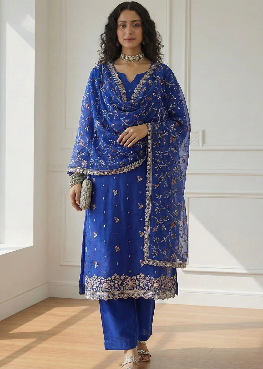 Blue Pakistani Style Organza Festive Salwar Suit - Image 2