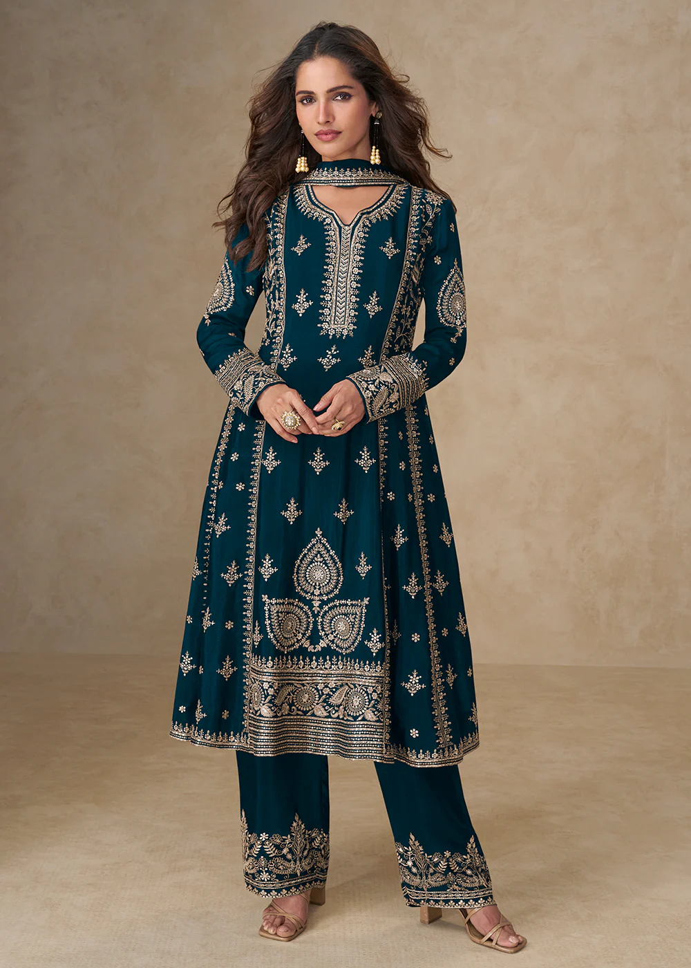 Blue Palazzo Chinnon Silk Embroidered Festive Suit
