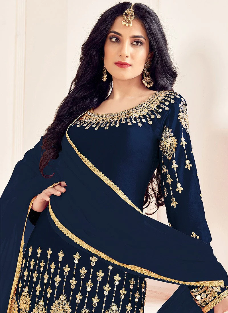 Blue Patiala Style Mirror Embroidered Punjabi Suit - Image 2