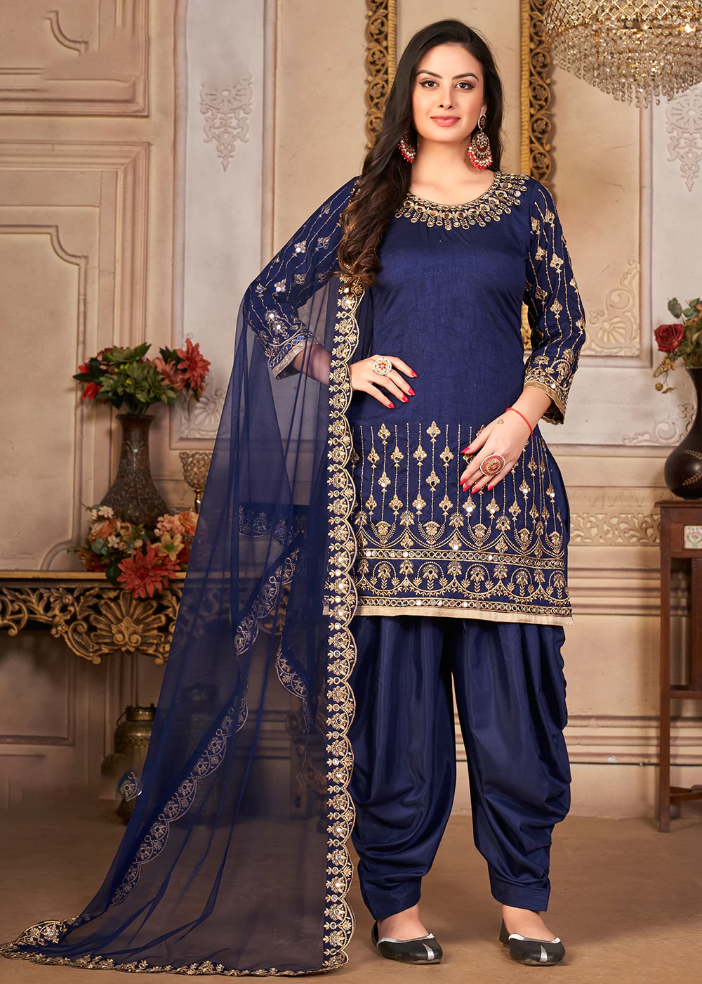 Blue Patiala Style Silk Crafted Punjabi Salwar Suit