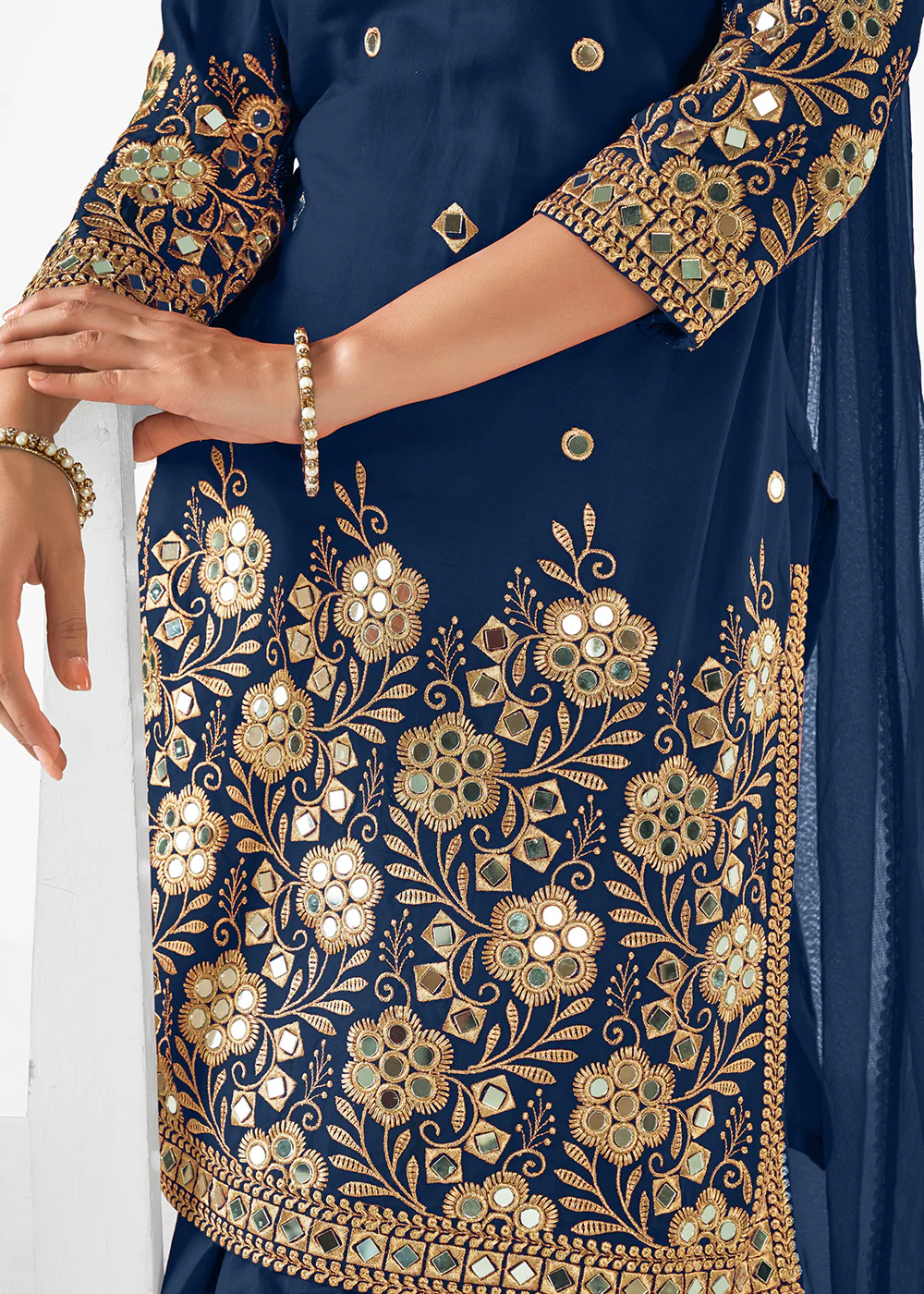 Blue Patiala Style Silk Embroidered Punjabi Salwar Suit - Image 3