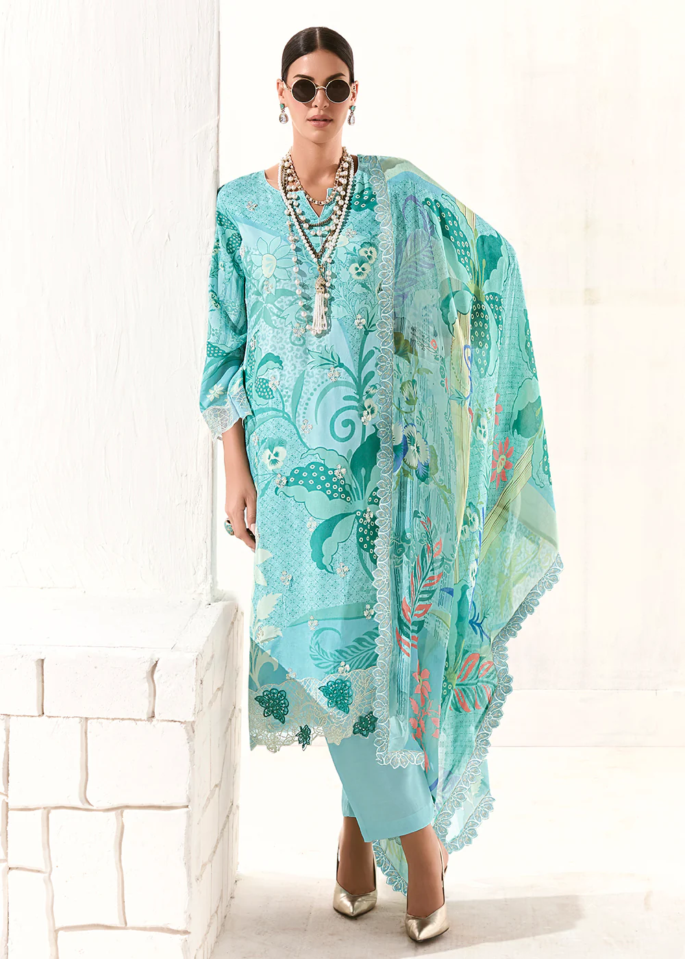Blue Printed & Embroidered Muslin Salwar Suit