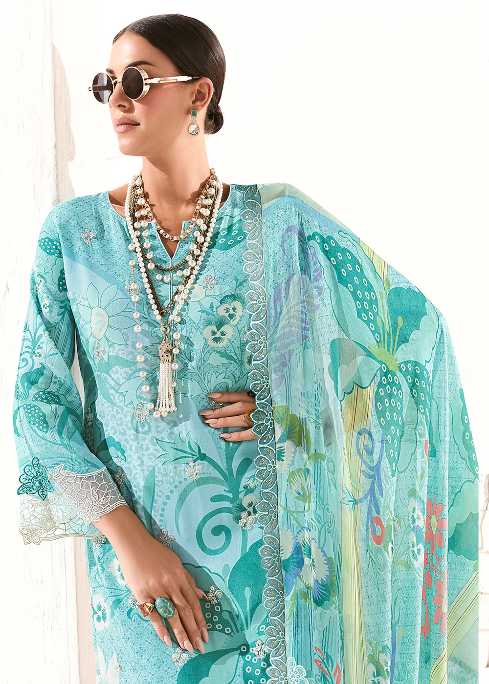 Blue Printed & Embroidered Muslin Salwar Suit - Image 2