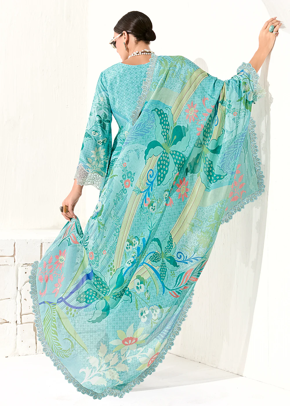 Blue Printed & Embroidered Muslin Salwar Suit - Image 3
