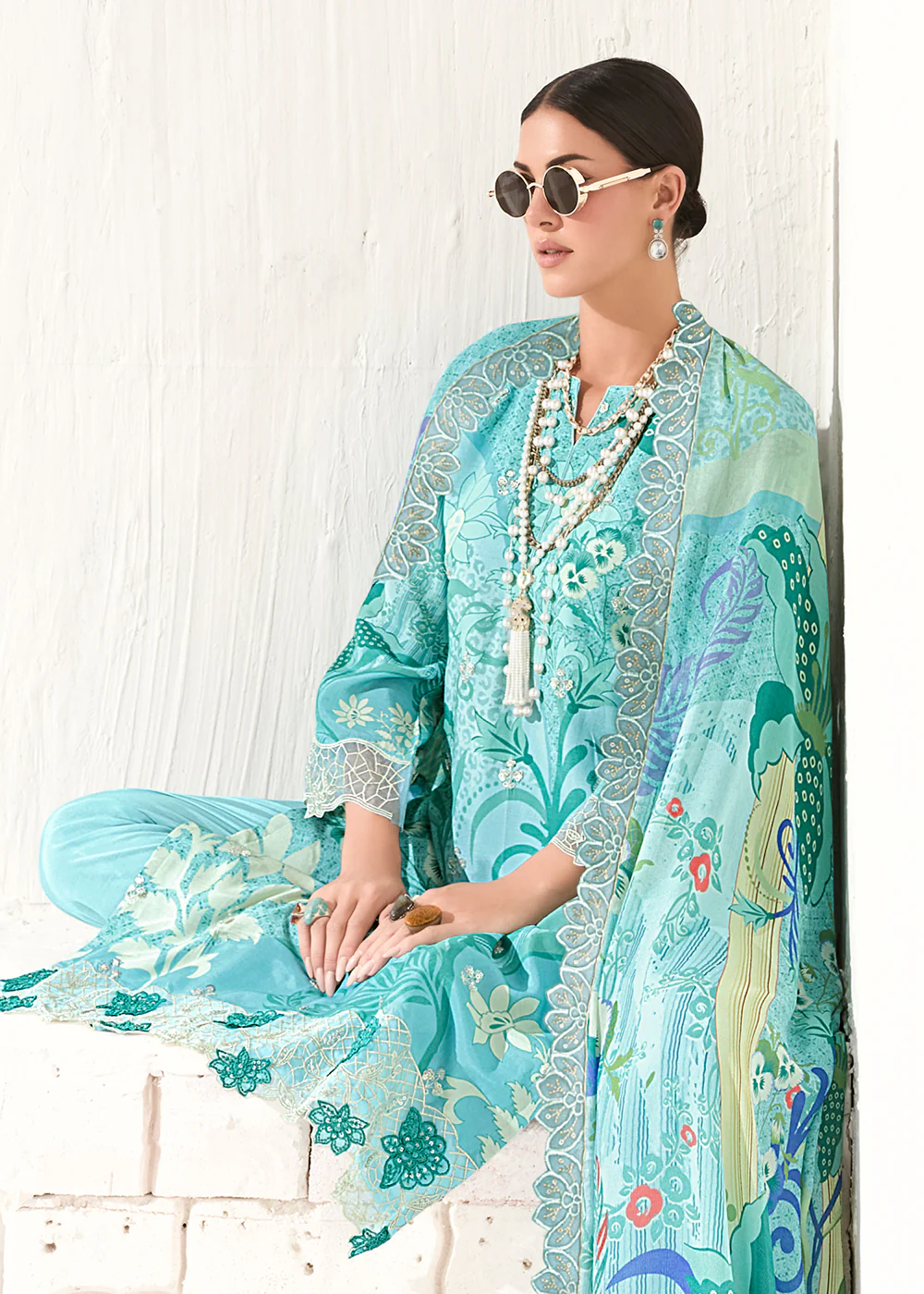 Blue Printed & Embroidered Muslin Salwar Suit - Image 4