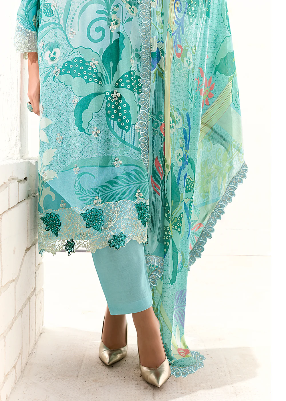 Blue Printed & Embroidered Muslin Salwar Suit - Image 5