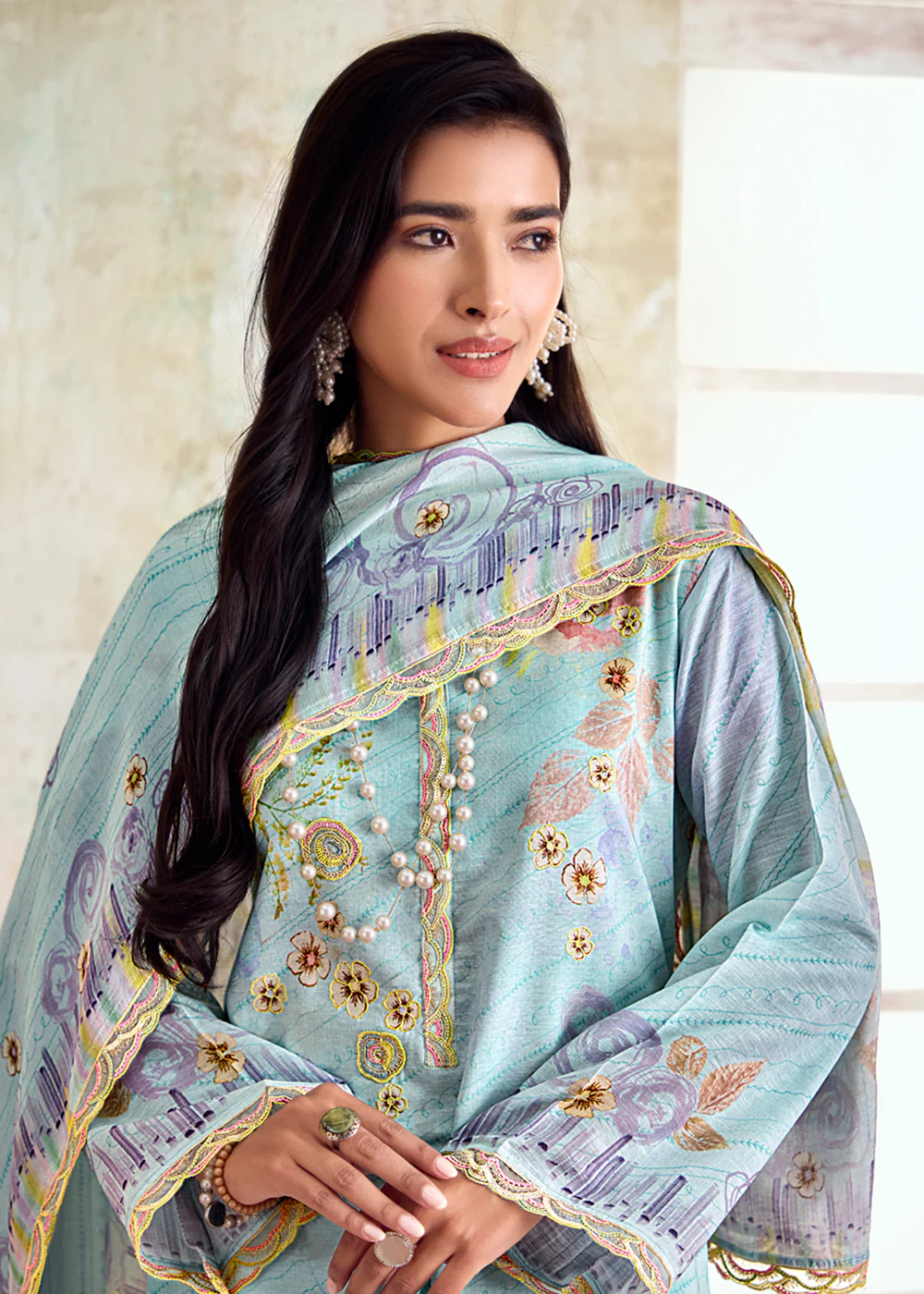 Blue Pure Linen Printed & Embroidered Pant Style Suit - Image 2
