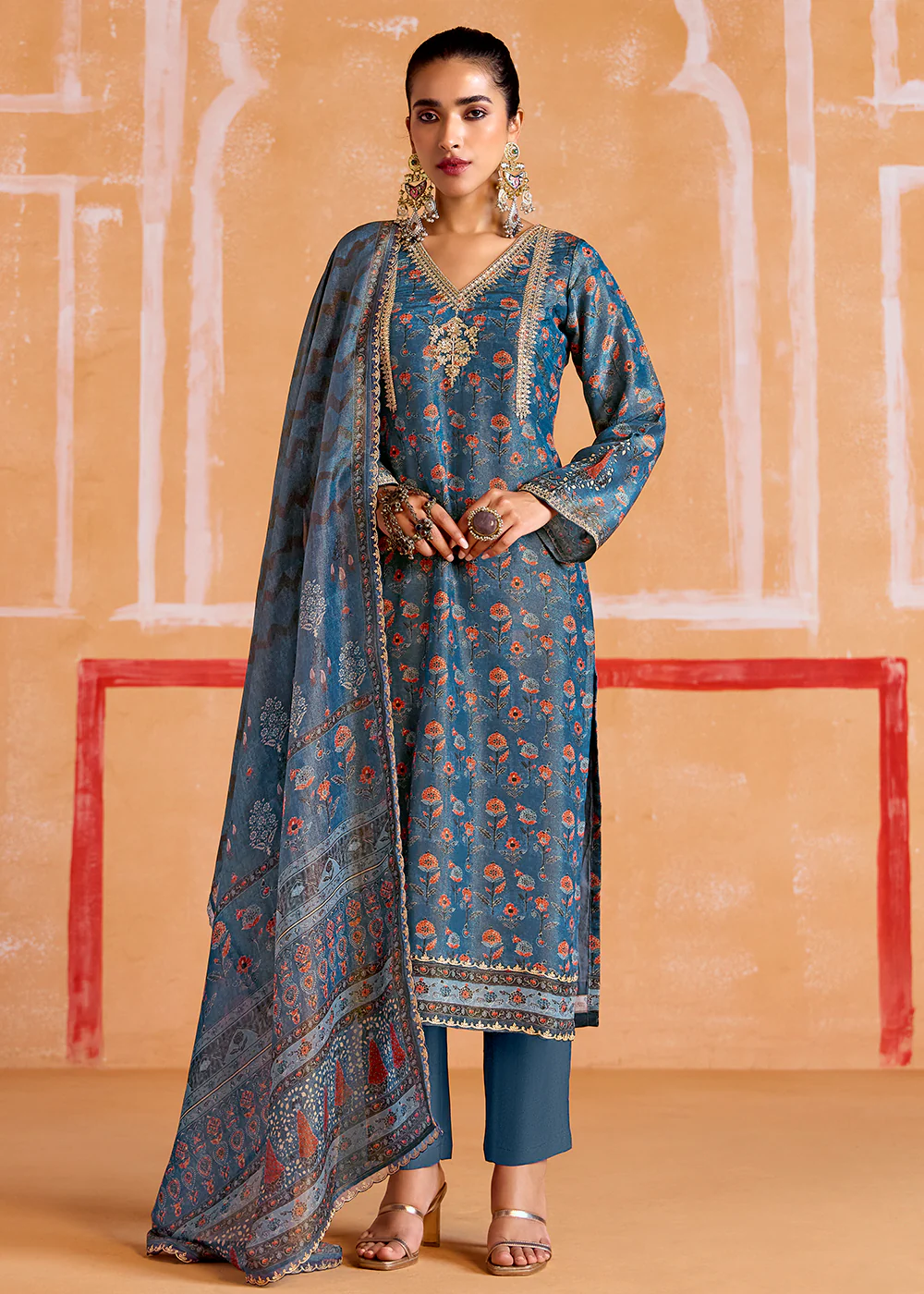 Blue Pure Muslin Embroidered Pakistani Style Suit