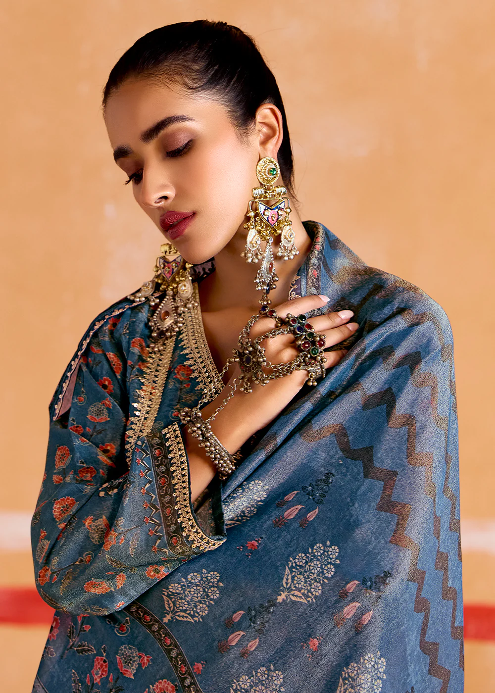 Blue Pure Muslin Embroidered Pakistani Style Suit - Image 2