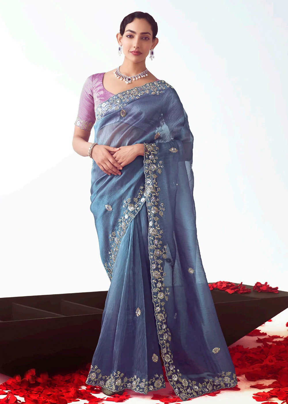 Blue & Purple Fancy Fabric Embroidered Designer Saree