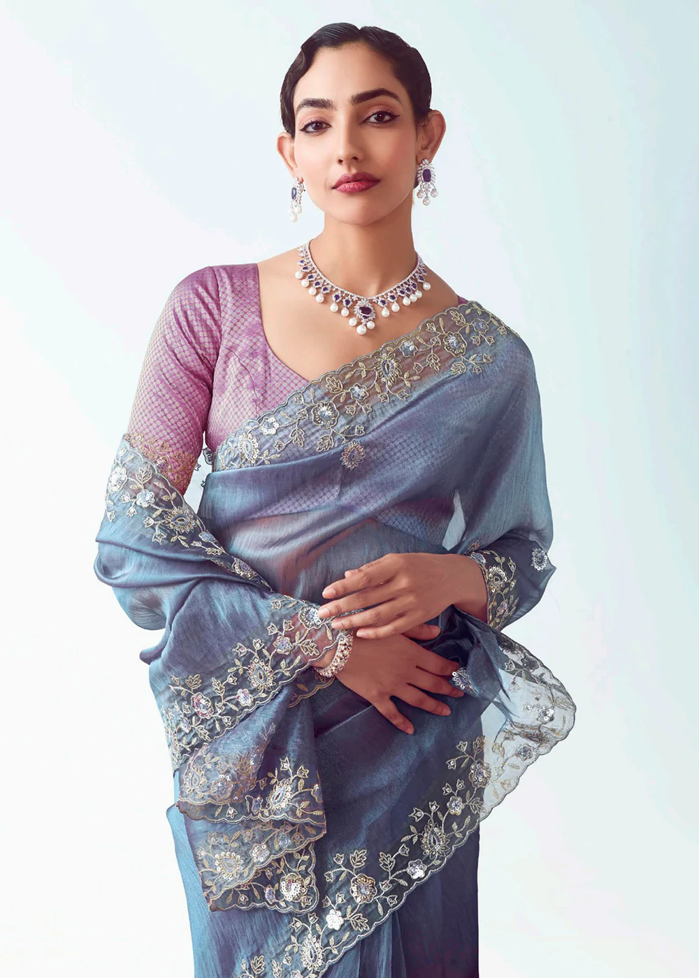 Blue & Purple Fancy Fabric Embroidered Designer Saree - Image 2
