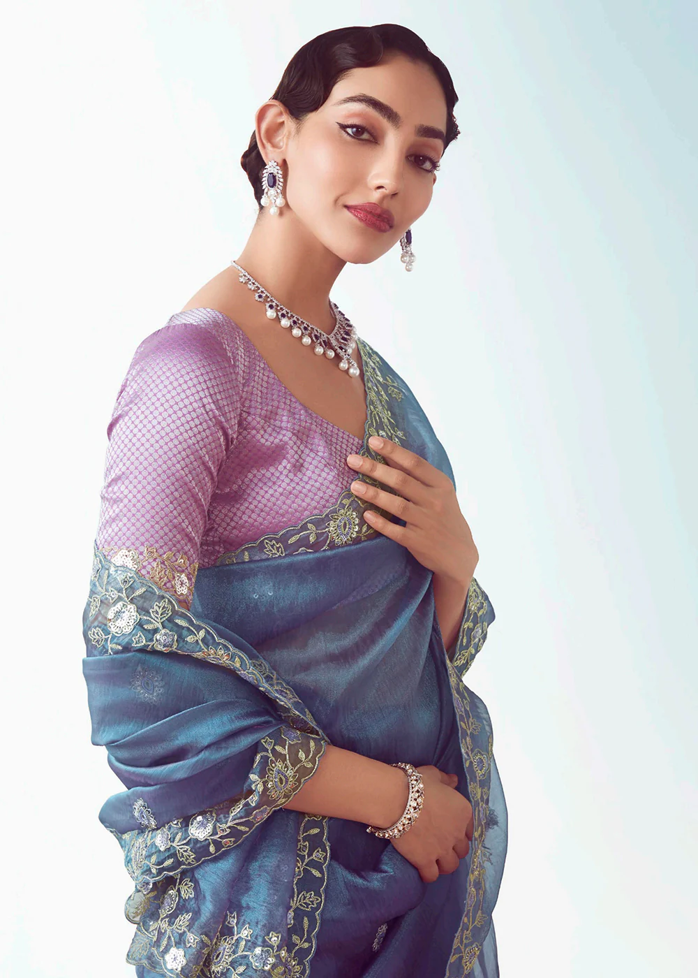 Blue & Purple Fancy Fabric Embroidered Designer Saree - Image 4