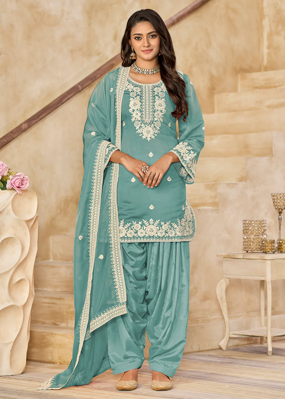 Blue Roman Silk Embroidered Punjabi Patiala Suit