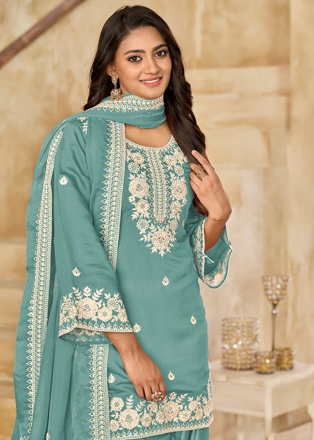 Blue Roman Silk Embroidered Punjabi Patiala Suit - Image 2