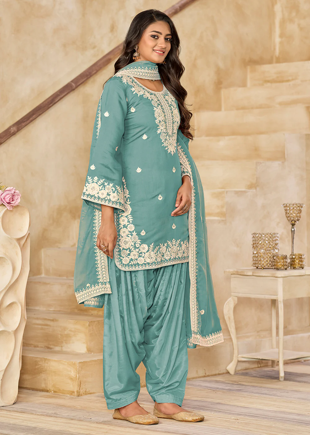 Blue Roman Silk Embroidered Punjabi Patiala Suit - Image 3