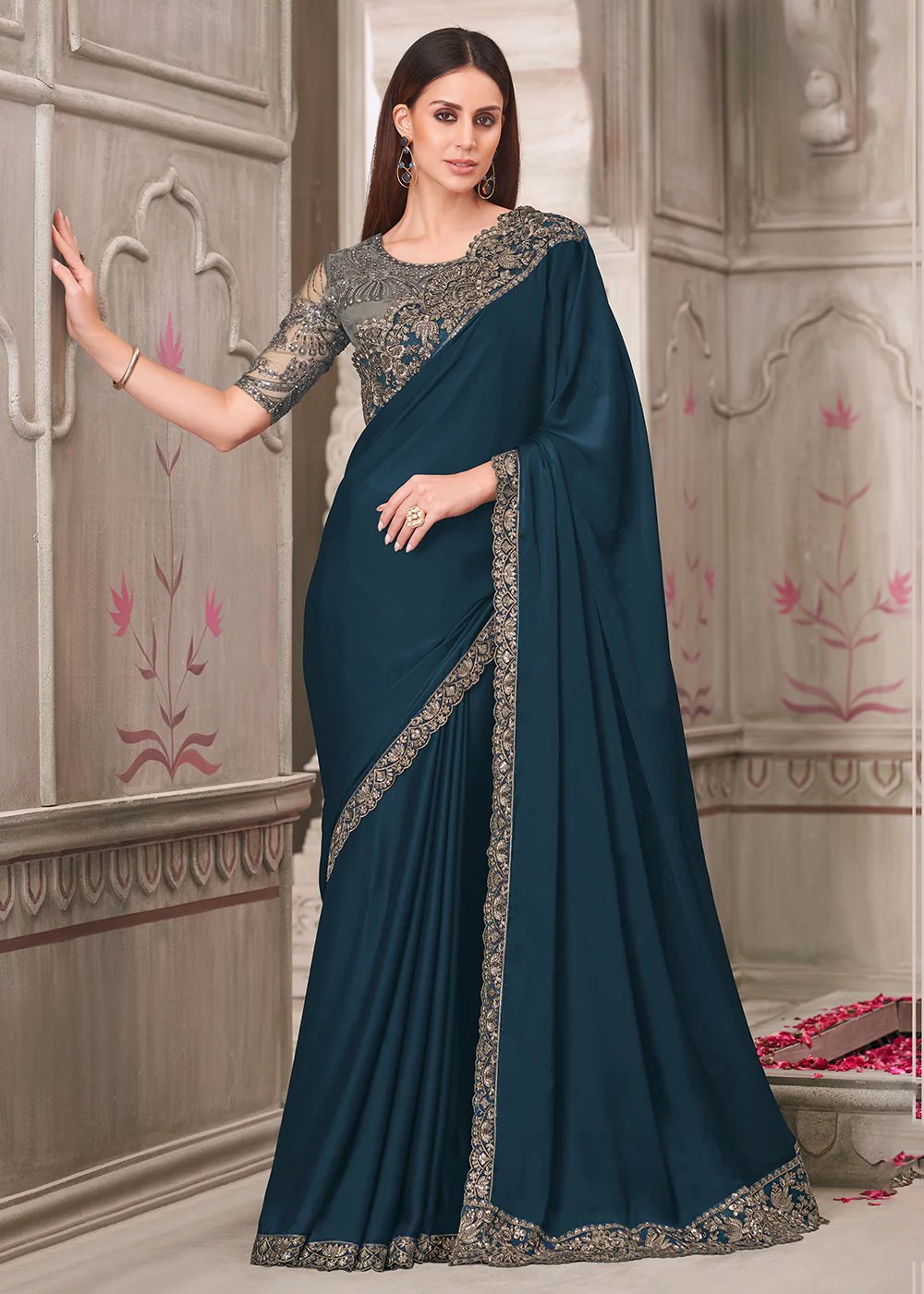 Blue Satin Georgette Embroidered Wedding Wear Saree