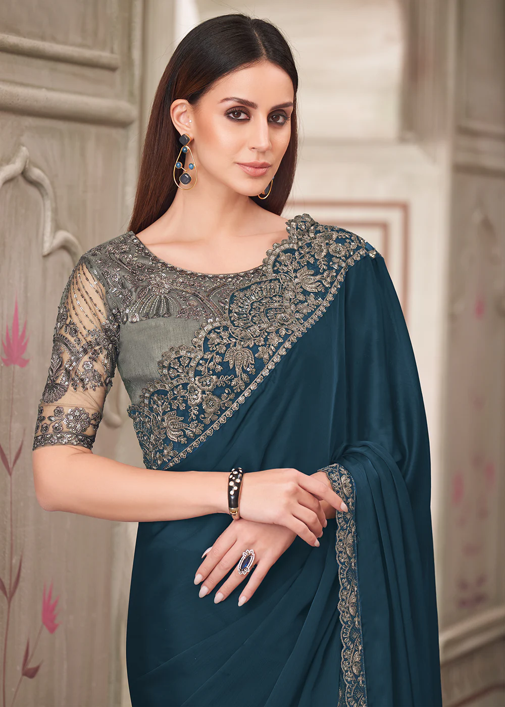 Blue Satin Georgette Embroidered Wedding Wear Saree - Image 2