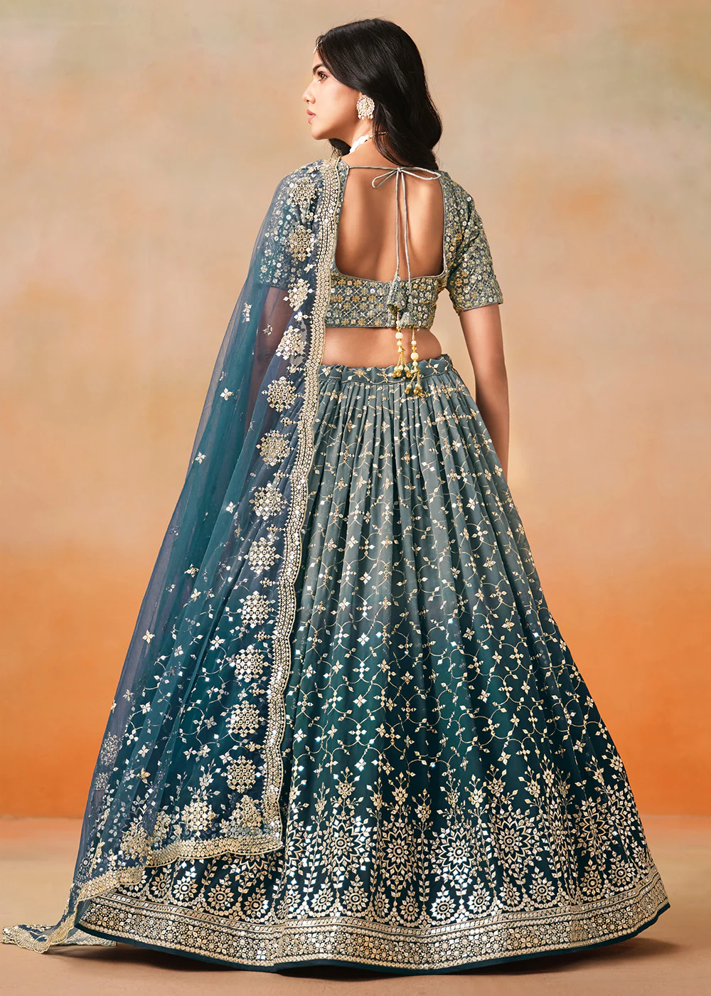 Blue Sequins & Zari Embroidered Wedding Lehenga Choli - Image 3