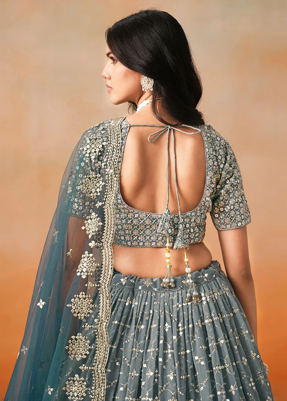 Blue Sequins & Zari Embroidered Wedding Lehenga Choli - Image 6