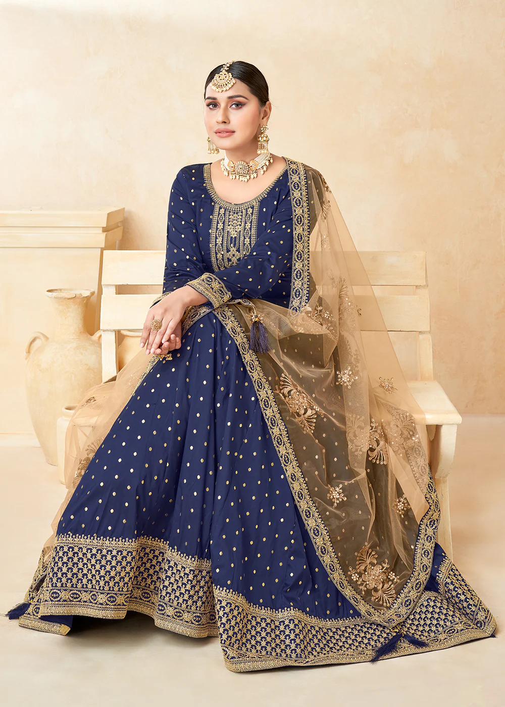 Blue Silk Embroidered Indian Ethnic Wear Anarkali Dress - Image 2