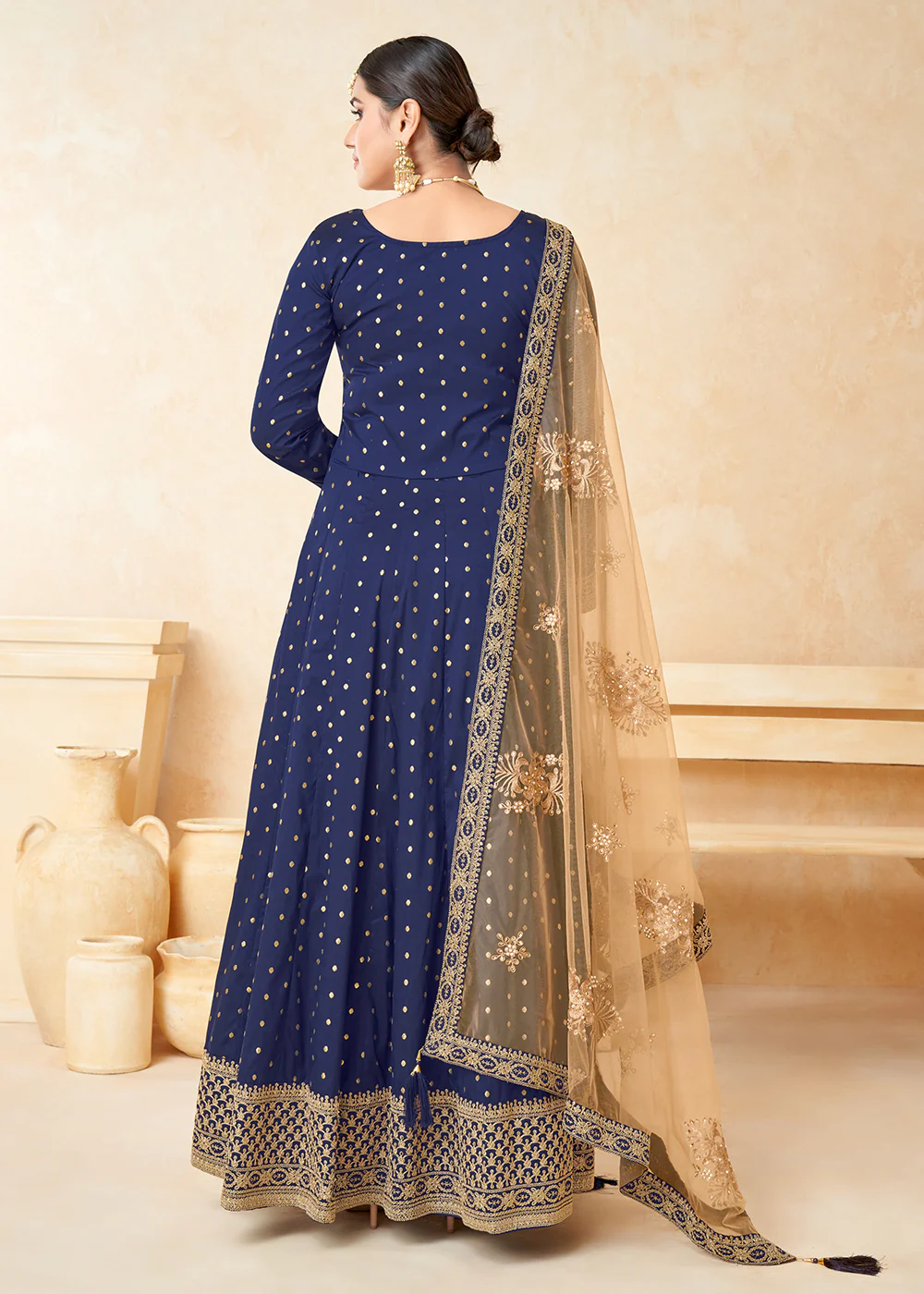 Blue Silk Embroidered Indian Ethnic Wear Anarkali Dress - Image 3