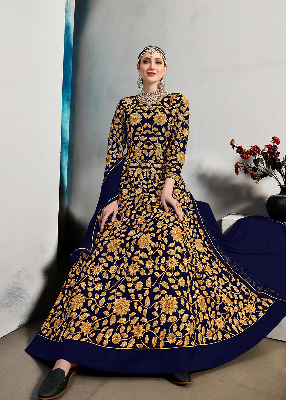 Blue Stone & Mirror Work Embroidered Anarkali Suit - Image 3