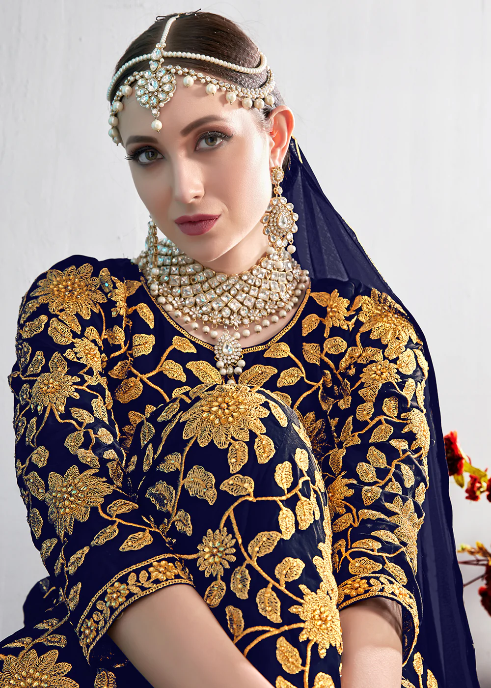 Blue Stone & Mirror Work Embroidered Anarkali Suit - Image 4