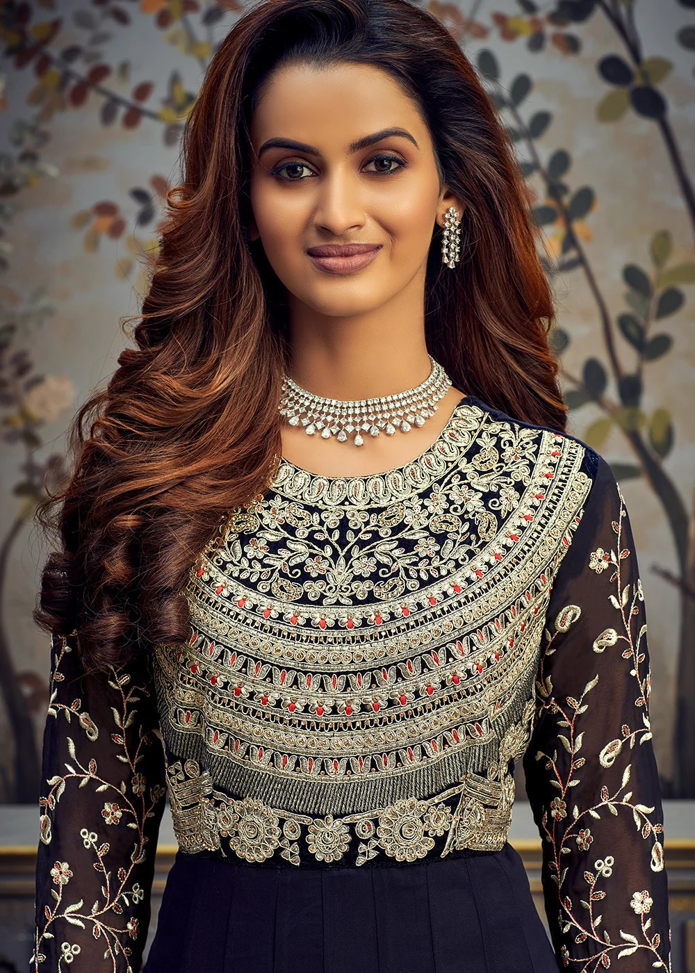 Blue Swarovski Georgette Abaya Style Anarkali Suit - Image 2