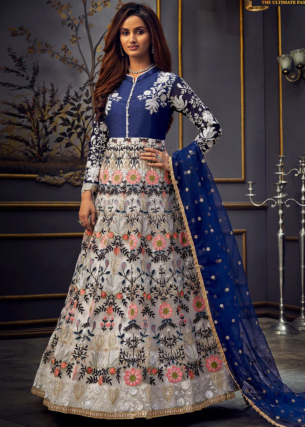 Blue Multicolor Swarovski Net Abaya Style Anarkali Suit