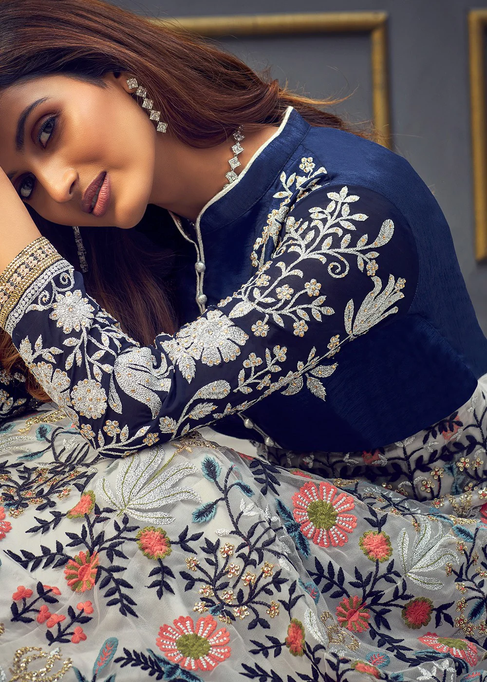Blue Multicolor Swarovski Net Abaya Style Anarkali Suit - Image 3