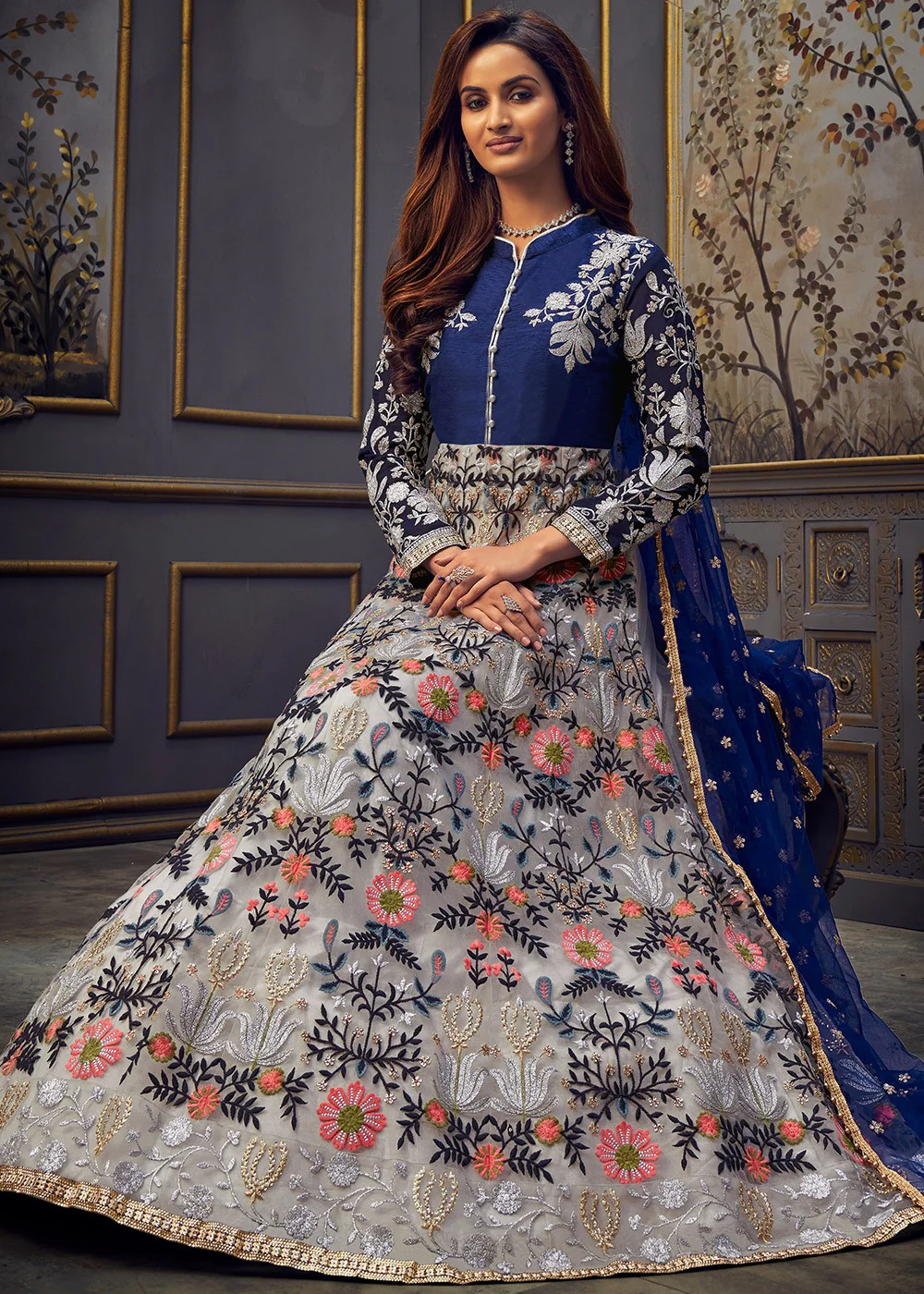 Blue Multicolor Swarovski Net Abaya Style Anarkali Suit - Image 4