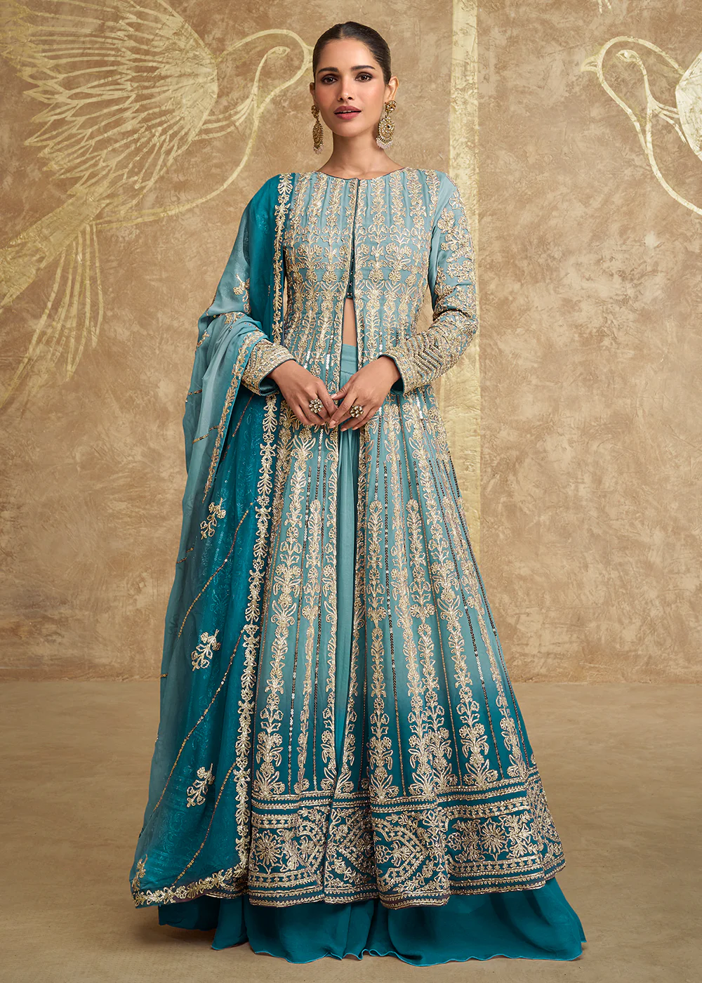 Blue & Teal Ombre Slit Georgette Skirt Style Anakali Suit
