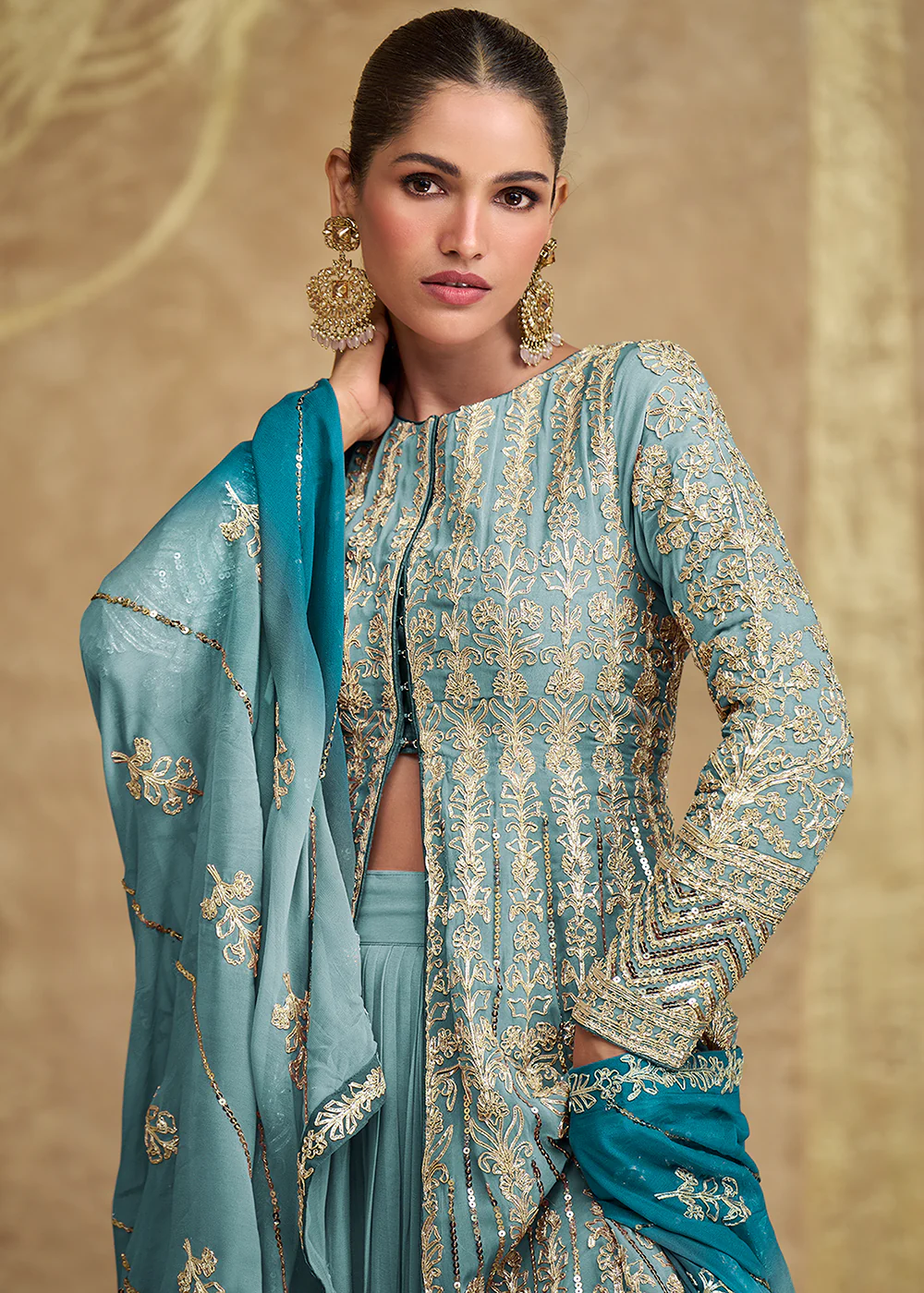 Blue & Teal Ombre Slit Georgette Skirt Style Anakali Suit - Image 2