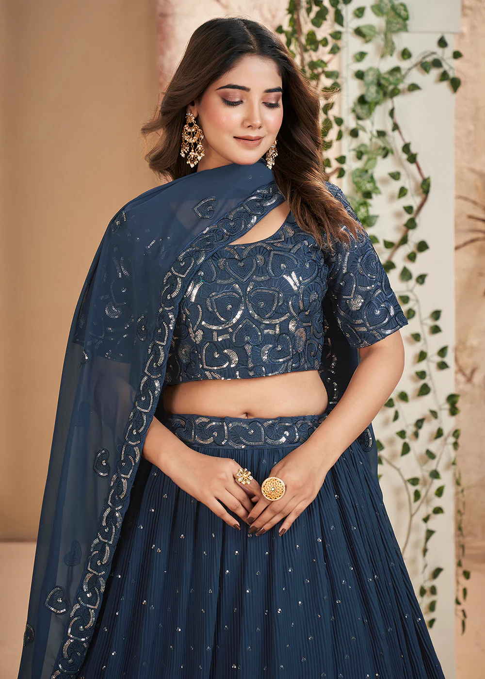 Blue Thread & Sequins Wedding Party Lehenga Choli - Image 2