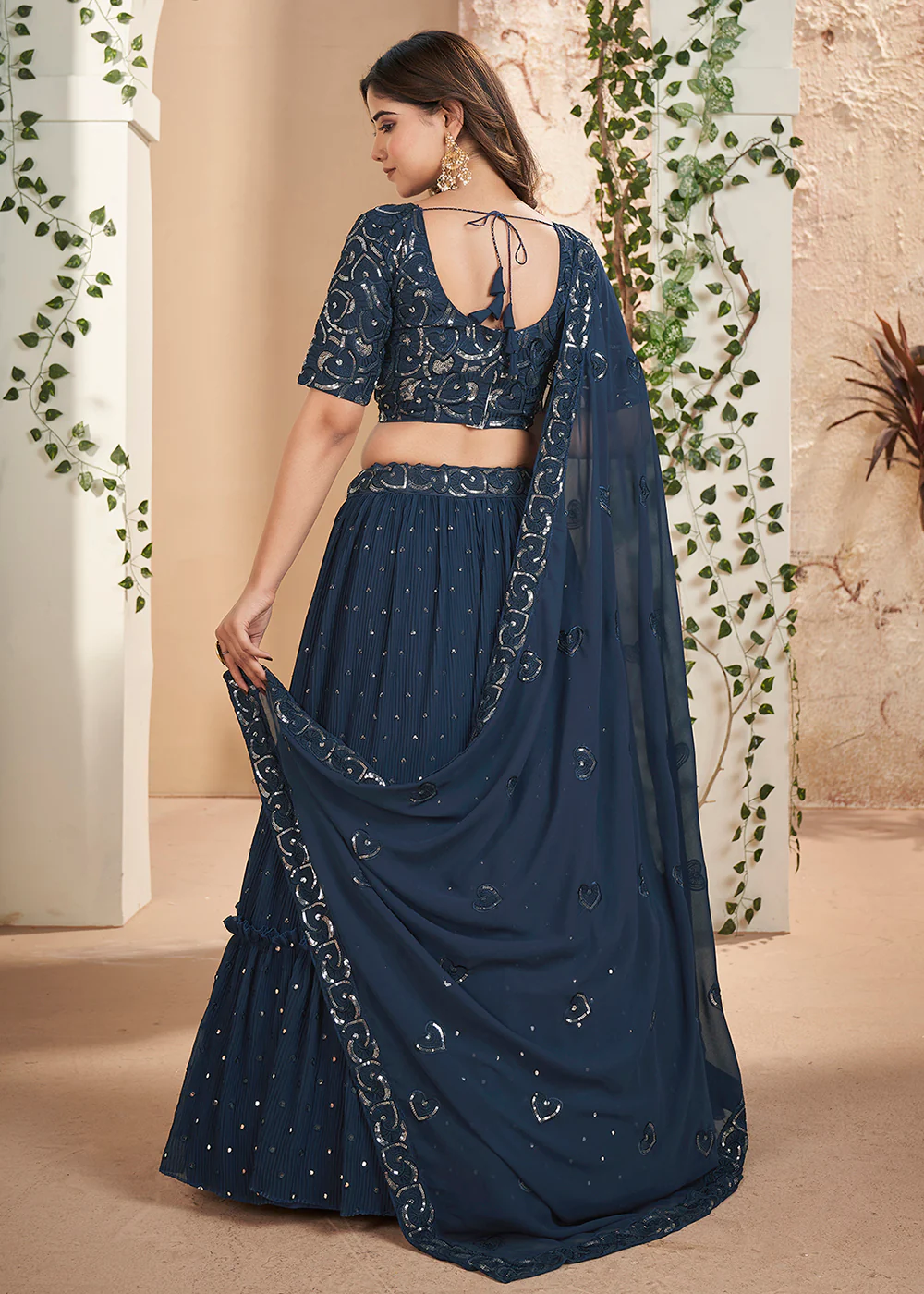 Blue Thread & Sequins Wedding Party Lehenga Choli - Image 3