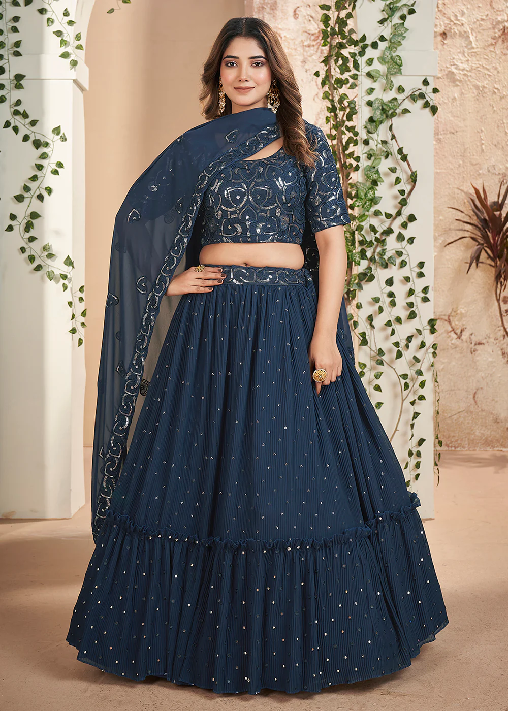 Blue Thread & Sequins Wedding Party Lehenga Choli - Image 4
