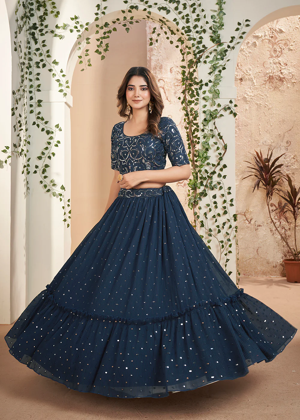 Blue Thread & Sequins Wedding Party Lehenga Choli - Image 5