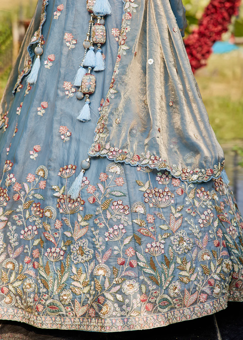 Blue Tissue Fabric Beautifully Embroidered Lehenga Choli - Image 7