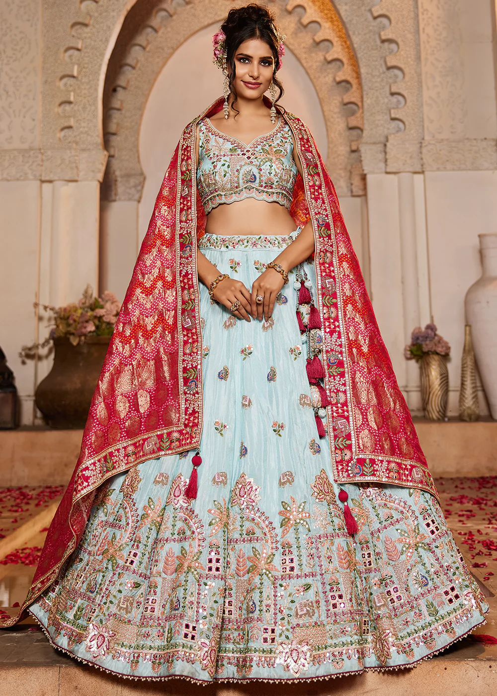 Blue Tissue Mirror Embroidered Designer Lehenga Choli