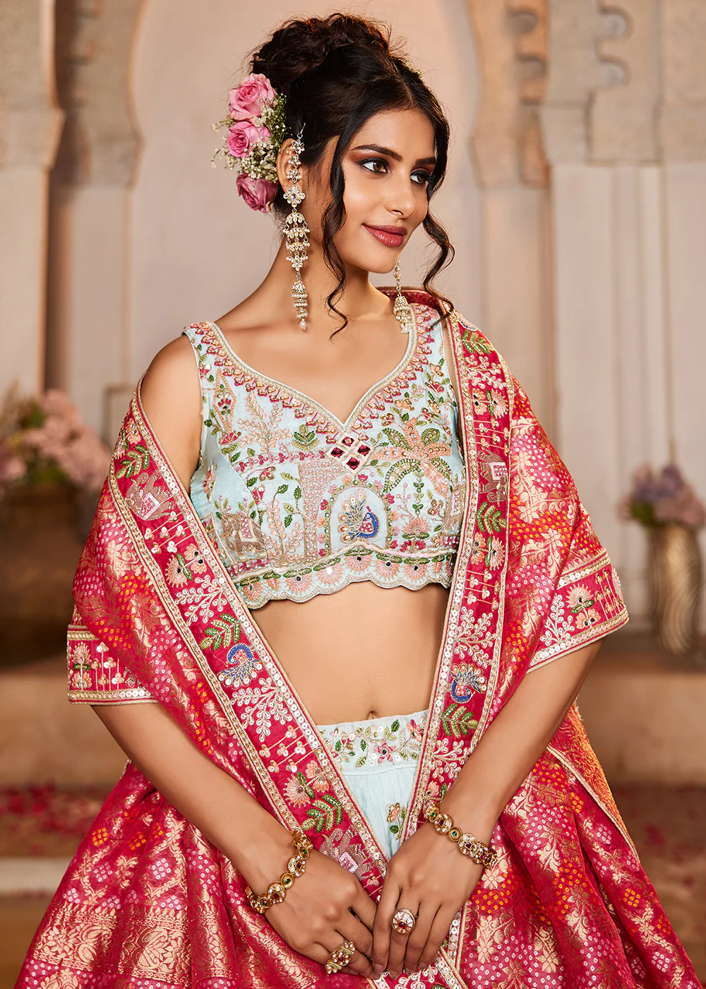 Blue Tissue Mirror Embroidered Designer Lehenga Choli - Image 2