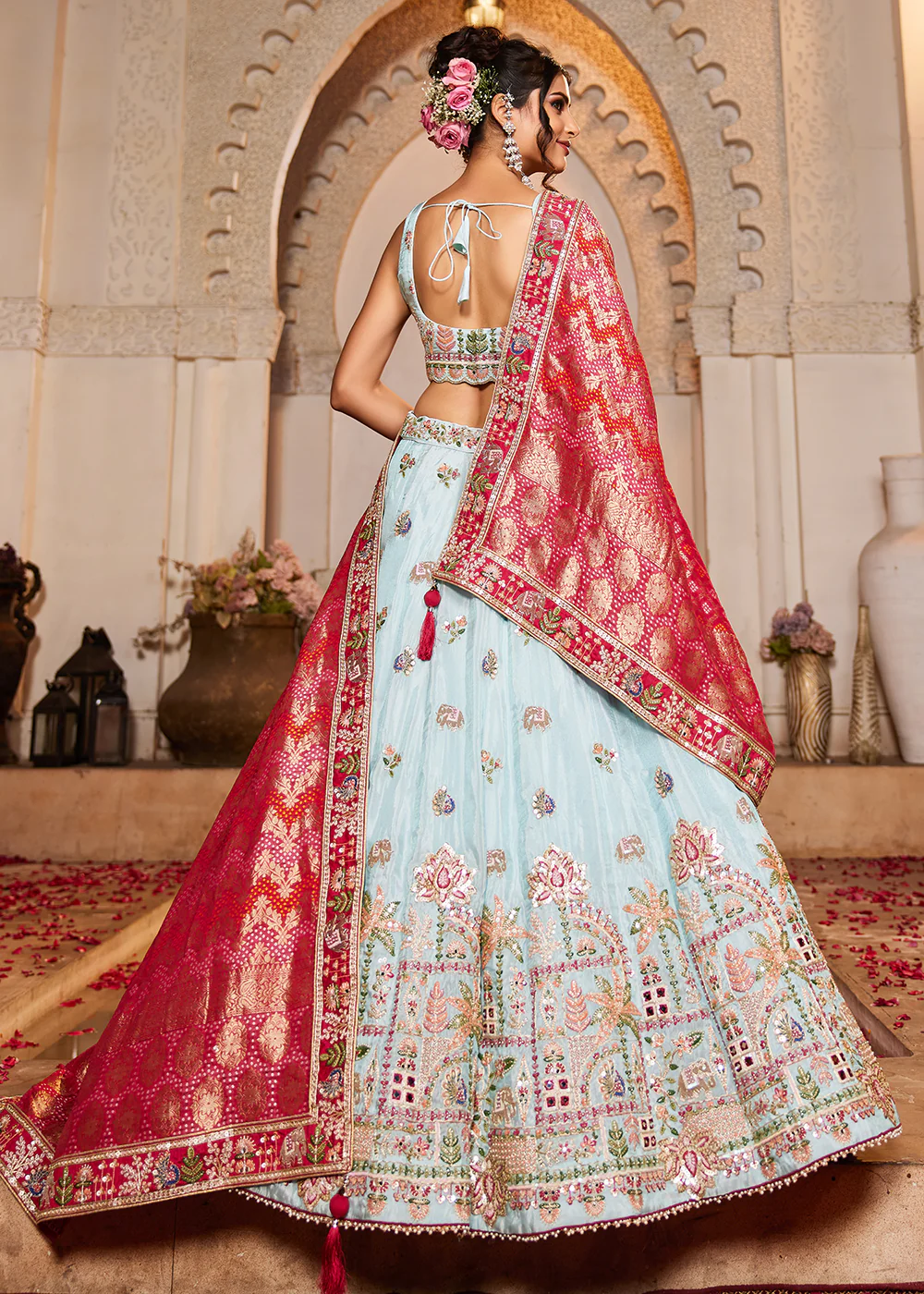 Blue Tissue Mirror Embroidered Designer Lehenga Choli - Image 3