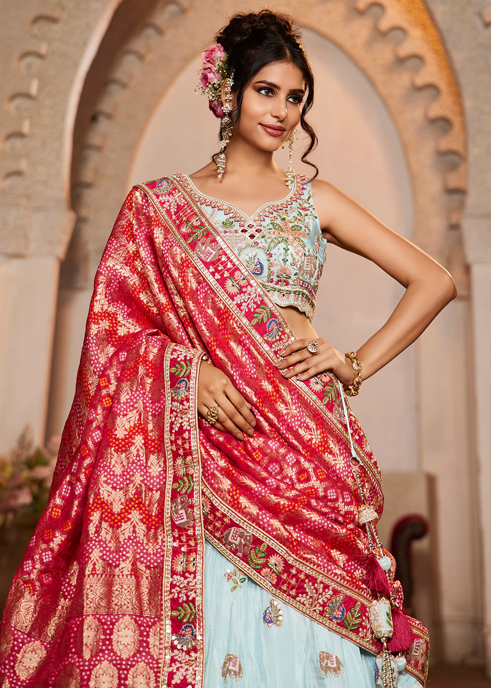 Blue Tissue Mirror Embroidered Designer Lehenga Choli - Image 4