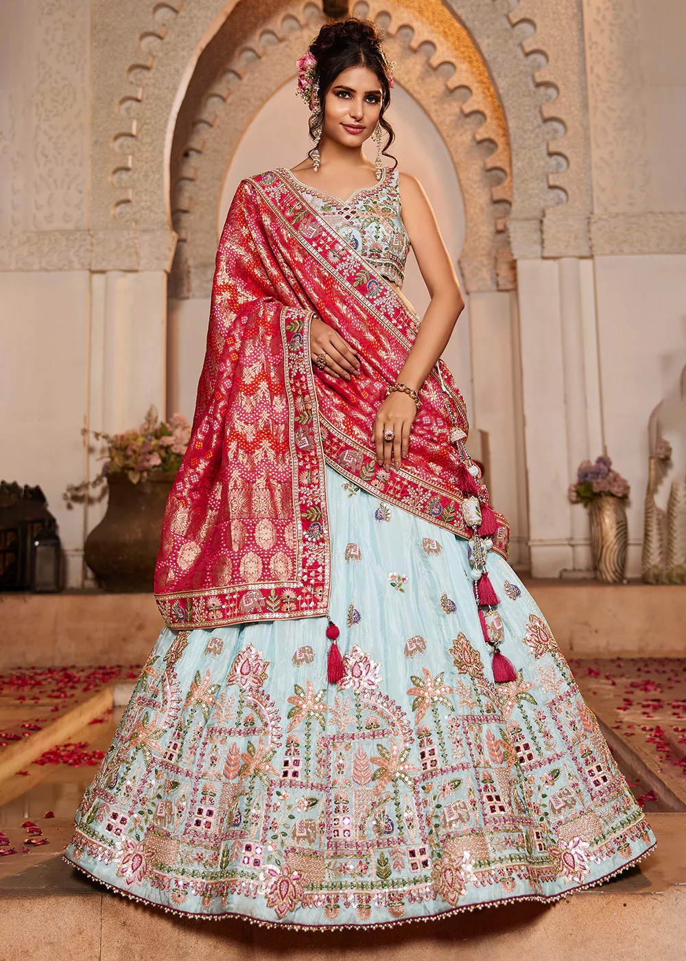 Blue Tissue Mirror Embroidered Designer Lehenga Choli - Image 5