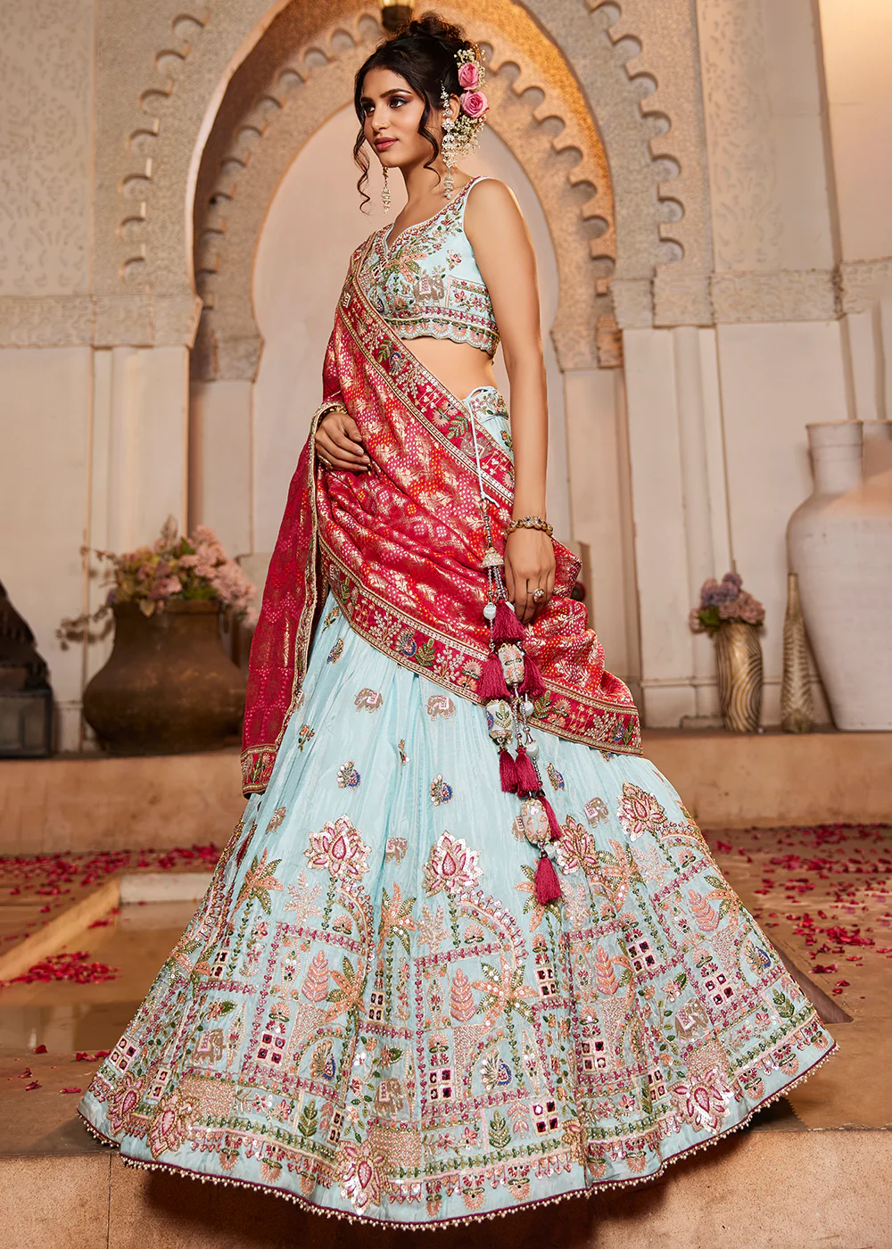 Blue Tissue Mirror Embroidered Designer Lehenga Choli - Image 6