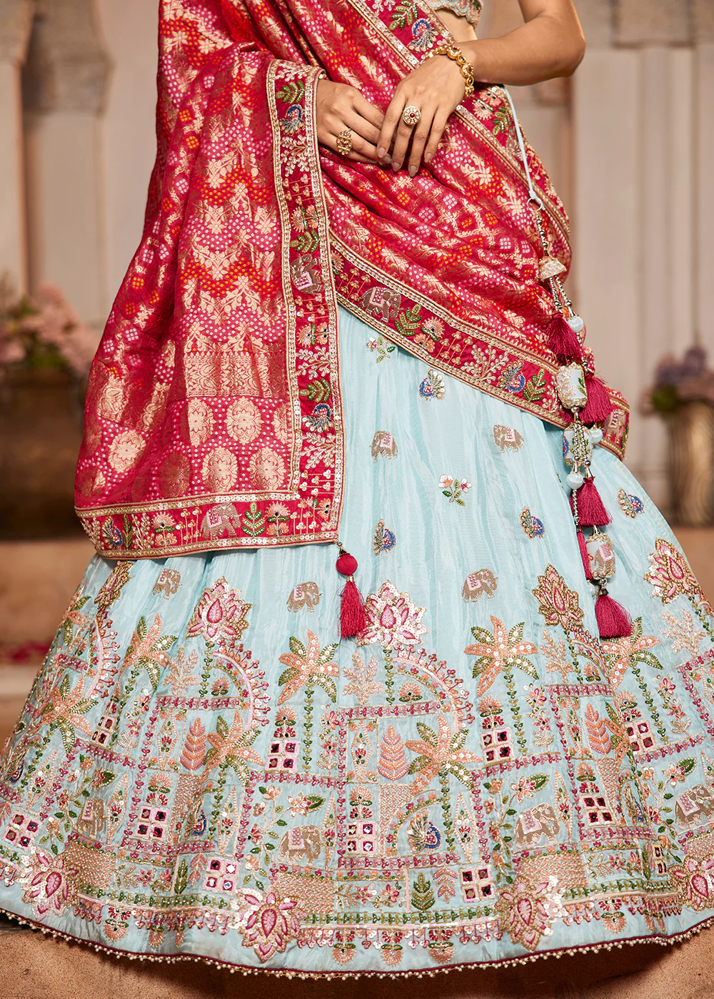 Blue Tissue Mirror Embroidered Designer Lehenga Choli - Image 7