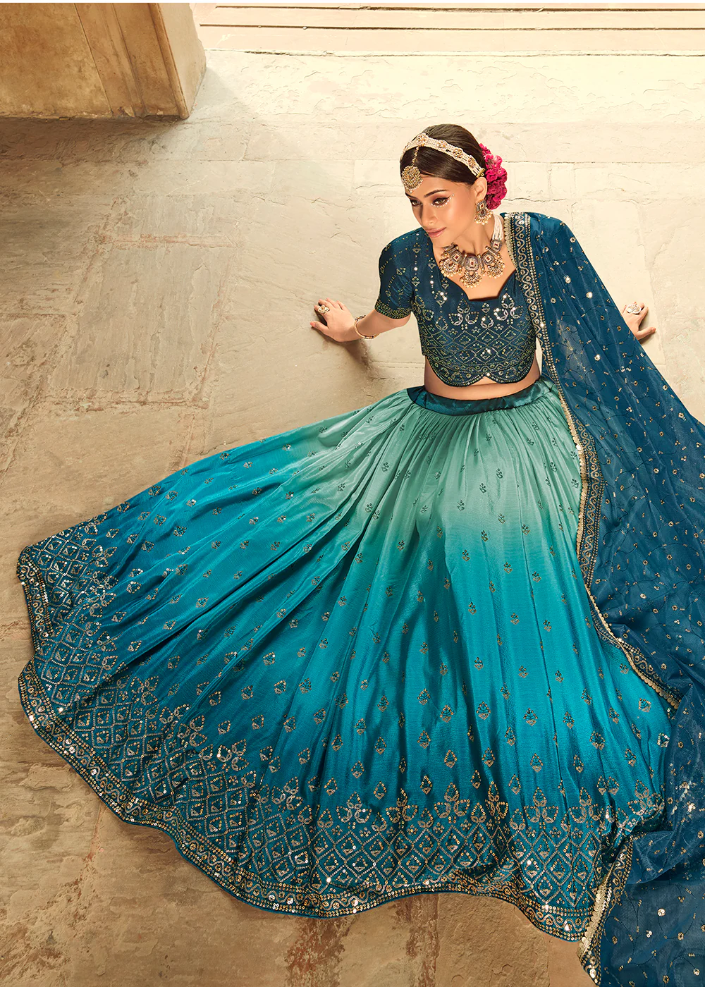 Blue to Teal Blue Multi Color Sequins Festive Lehenga Choli - Image 3